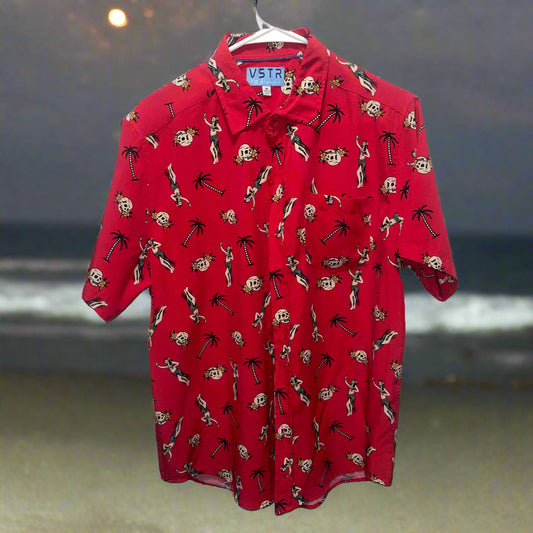 Red shirt with tropical pattern on a white background
